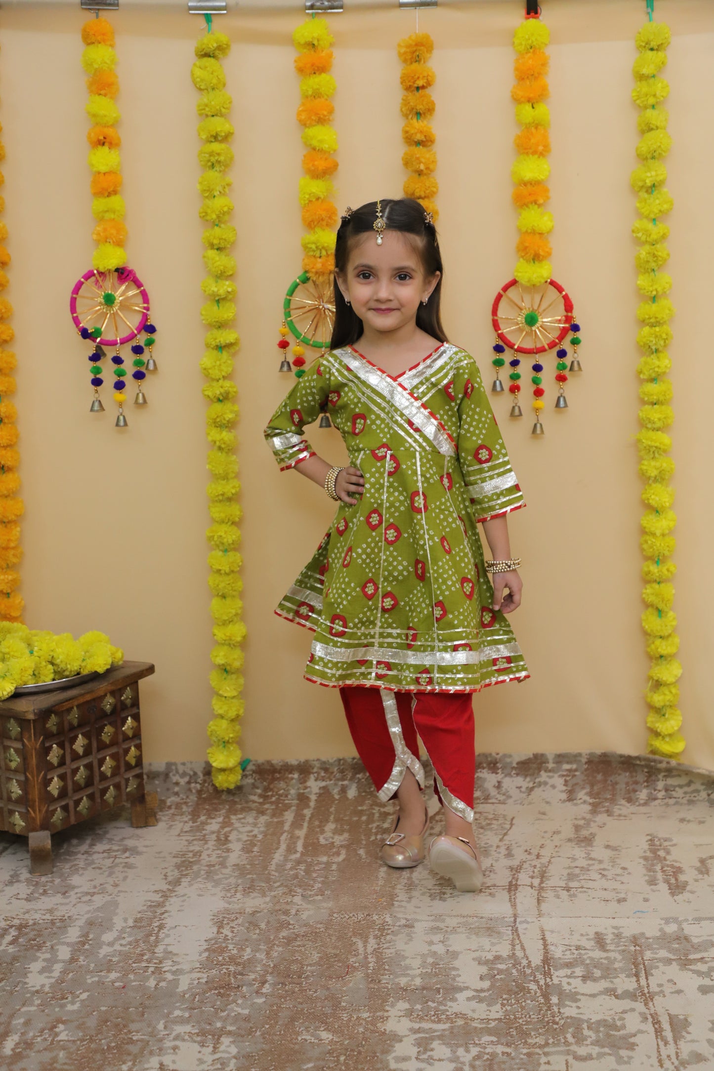 Traditional Ethnic GREEN Color Salwar Suit Set, Cotton Gota Patti Kurta with Dhoti Pants.