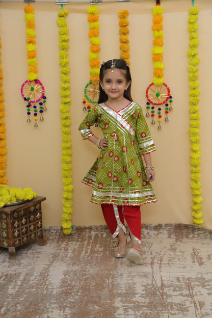 Traditional Ethnic GREEN Color Salwar Suit Set, Cotton Gota Patti Kurta with Dhoti Pants.