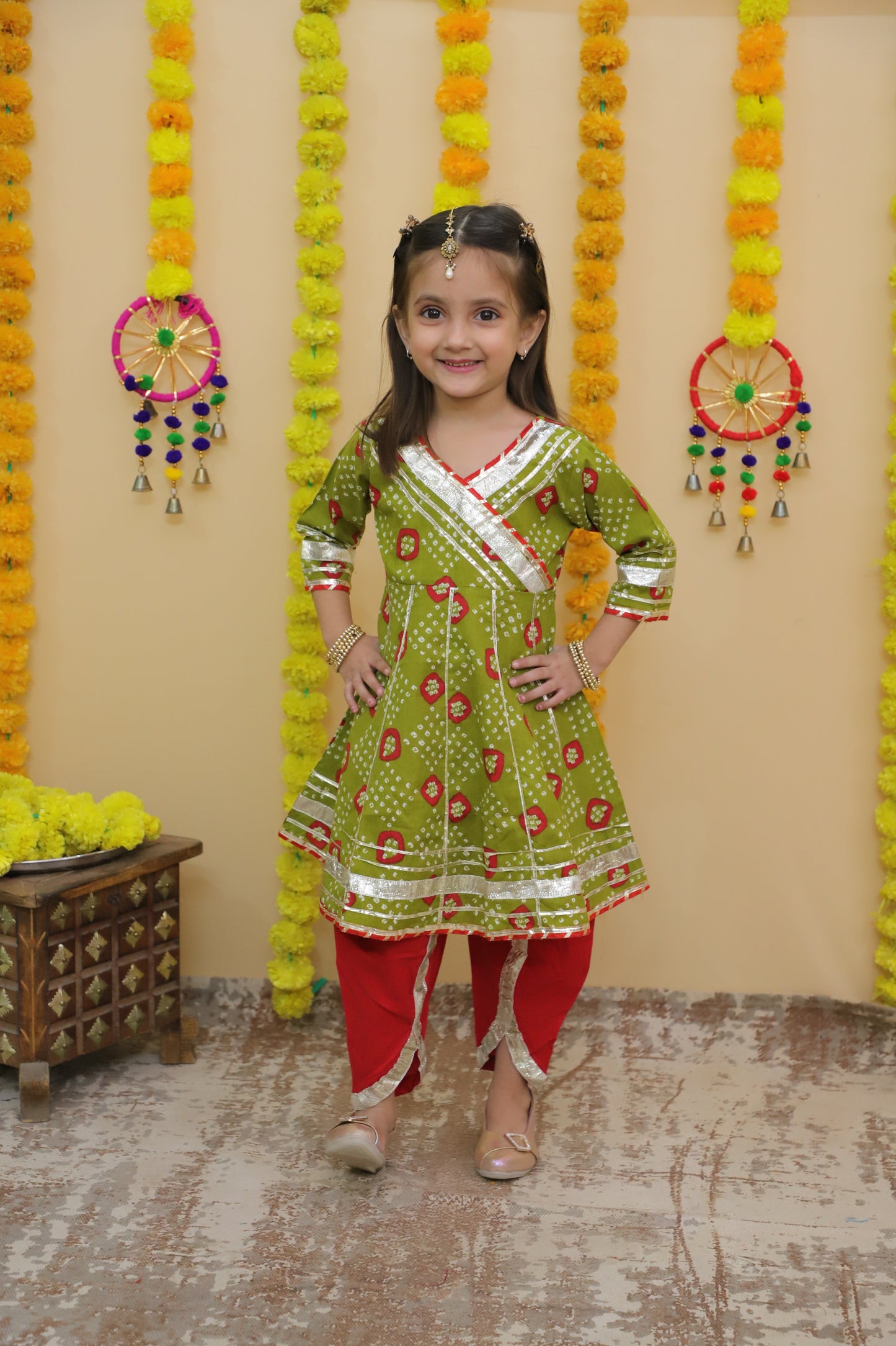 Traditional Ethnic GREEN Color Salwar Suit Set, Cotton Gota Patti Kurta with Dhoti Pants.