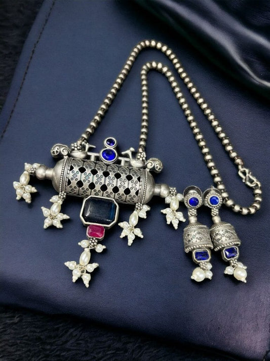 Ethnic Brass Necklace | Silver Replica Polish | Matching Earrings Included | Color: Blue