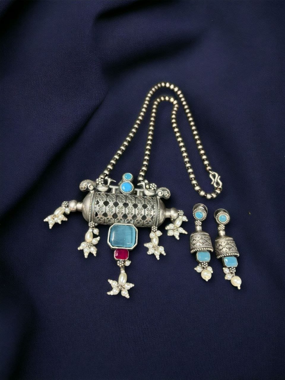 Ethnic Brass Necklace | Silver Replica Polish | Matching Earrings Included | Color: Aqua