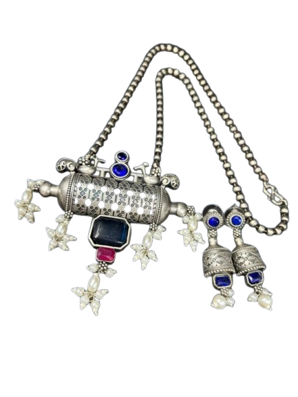 Ethnic Brass Necklace | Silver Replica Polish | Matching Earrings Included | Color: Blue