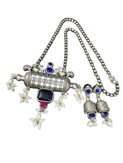 Ethnic Brass Necklace | Silver Replica Polish | Matching Earrings Included | Color: Blue