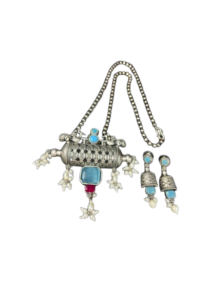 Ethnic Brass Necklace | Silver Replica Polish | Matching Earrings Included | Color: Aqua