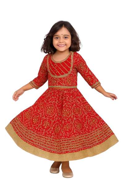 ROSAMODE Bandhani Lehenga Red Chaniya Choli for Girls – Traditional Indian Festival Wear Dress | Kids Navratri Garba Outfit (Copy) (Copy)