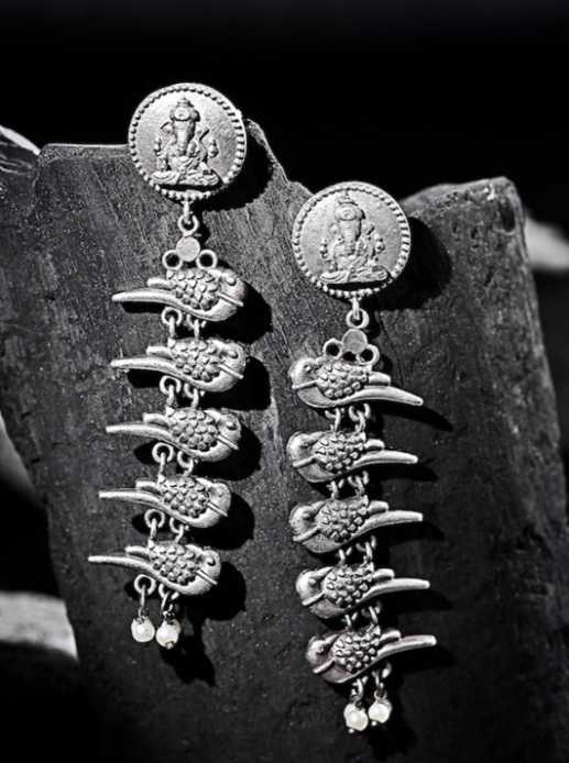 Oxidized Ganpati & Bird Design Long Drop Earrings