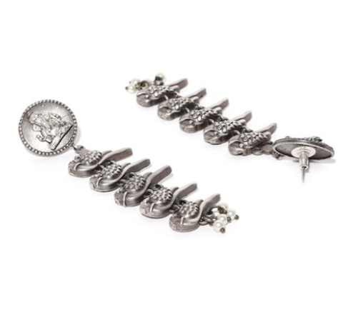 Oxidized Ganpati & Bird Design Long Drop Earrings