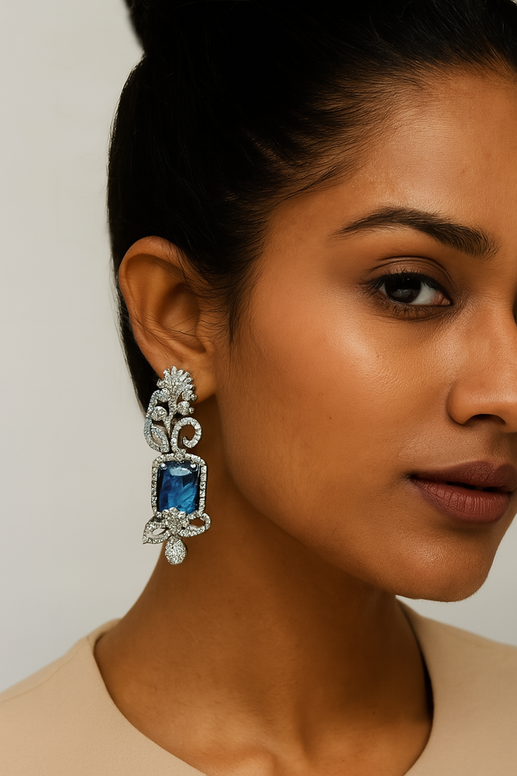 ROSAMODE 7 cm Royal Blue Leaf-Shaped Earrings for Women | Premium AD Stone Long Earrings | American Diamond Jewelry for Wedding, Party & Festivals | Lightweight & Stylish