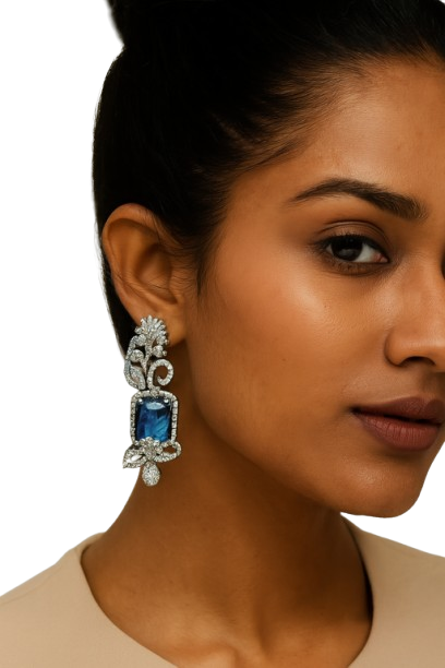 ROSAMODE 7 cm Royal Blue Leaf-Shaped Earrings for Women | Premium AD Stone Long Earrings | American Diamond Jewelry for Wedding, Party & Festivals | Lightweight & Stylish