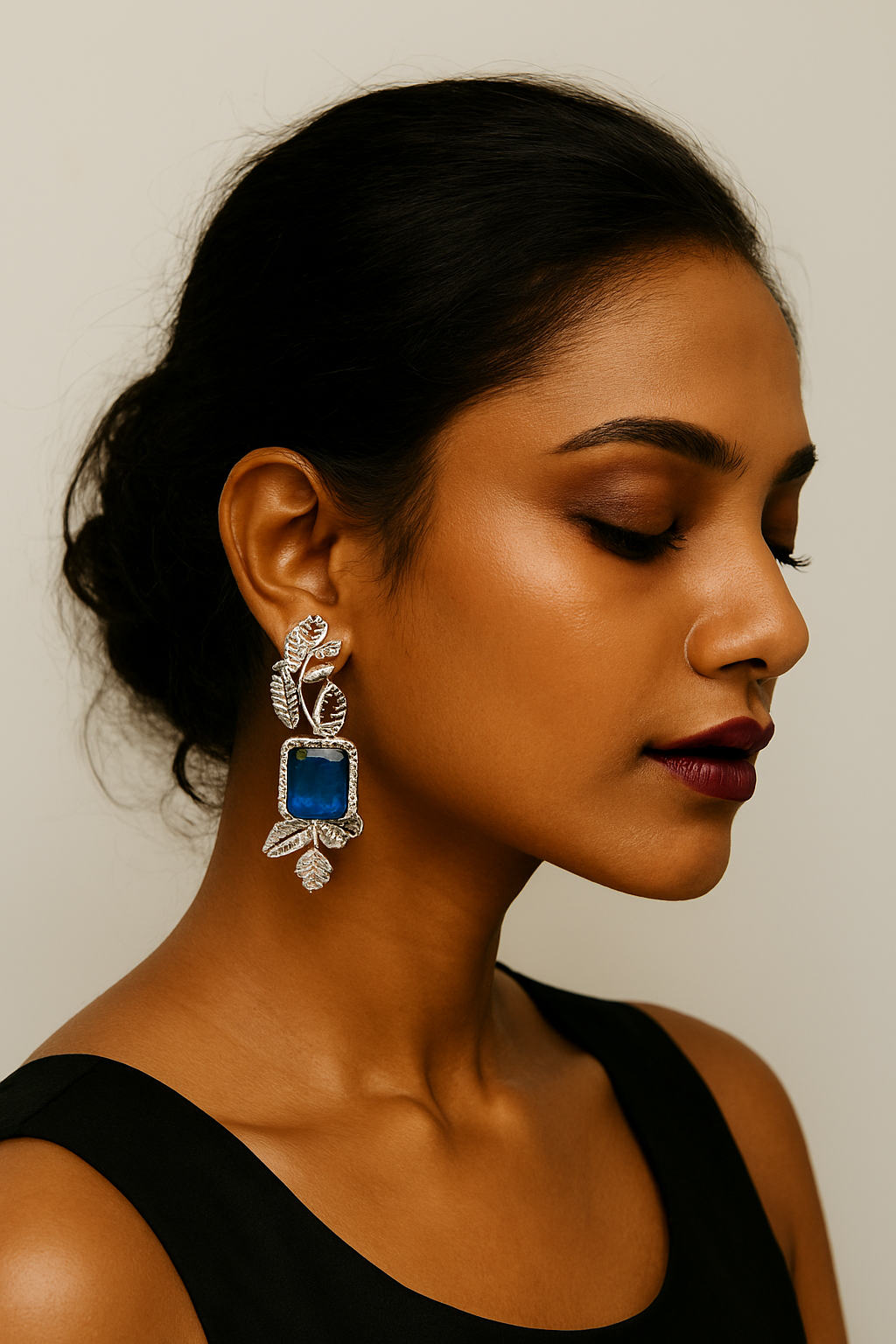 ROSAMODE 7 cm Royal Blue Leaf-Shaped Earrings for Women | Premium AD Stone Long Earrings | American Diamond Jewelry for Wedding, Party & Festivals | Lightweight & Stylish