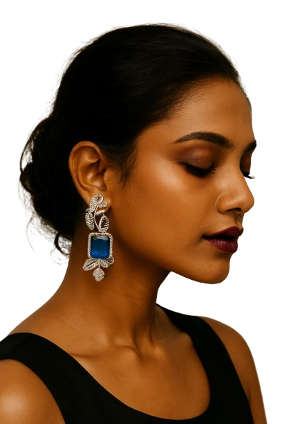 ROSAMODE 7 cm Royal Blue Leaf-Shaped Earrings for Women | Premium AD Stone Long Earrings | American Diamond Jewelry for Wedding, Party & Festivals | Lightweight & Stylish