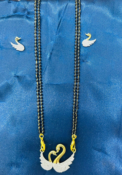 Women Pride Traditional Gold Plated Mangalsutra Necklace with Silver-Toned 2 Duck Pendant (Hanso Ka Joda) & Earrings | Black Bead Chain Jewellery for Women