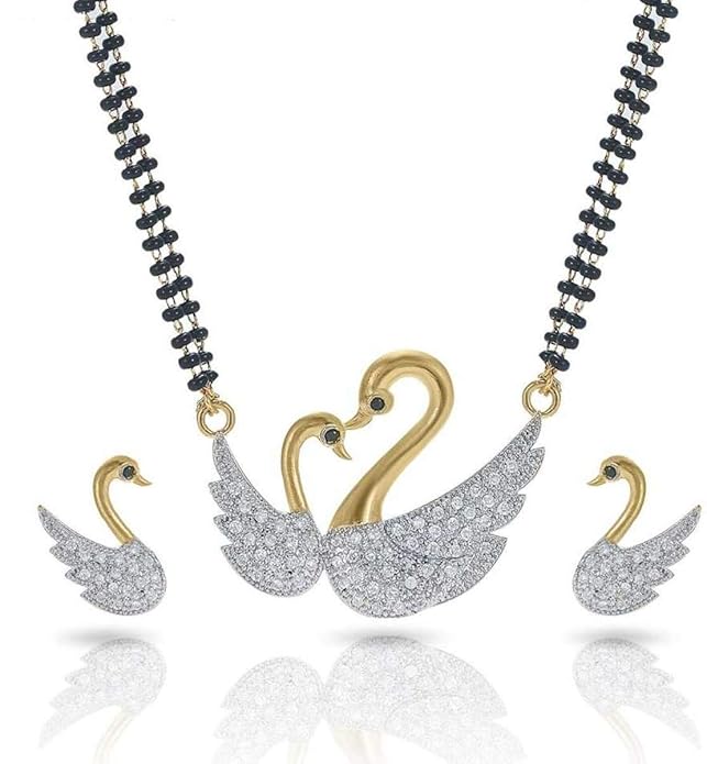 Women Pride Traditional Gold Plated Mangalsutra Necklace with Silver-Toned 2 Duck Pendant (Hanso Ka Joda) & Earrings | Black Bead Chain Jewellery for Women