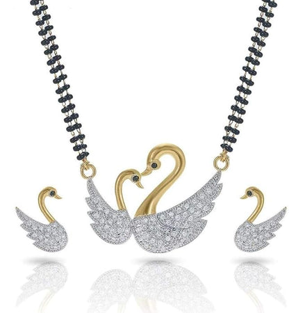 Women Pride Traditional Gold Plated Mangalsutra Necklace with Silver-Toned 2 Duck Pendant (Hanso Ka Joda) & Earrings | Black Bead Chain Jewellery for Women