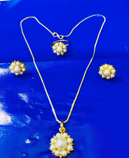 Pearl Necklace Set with Ring & Earrings Combo for Women & Girls – Gold Polished Traditional Jewellery