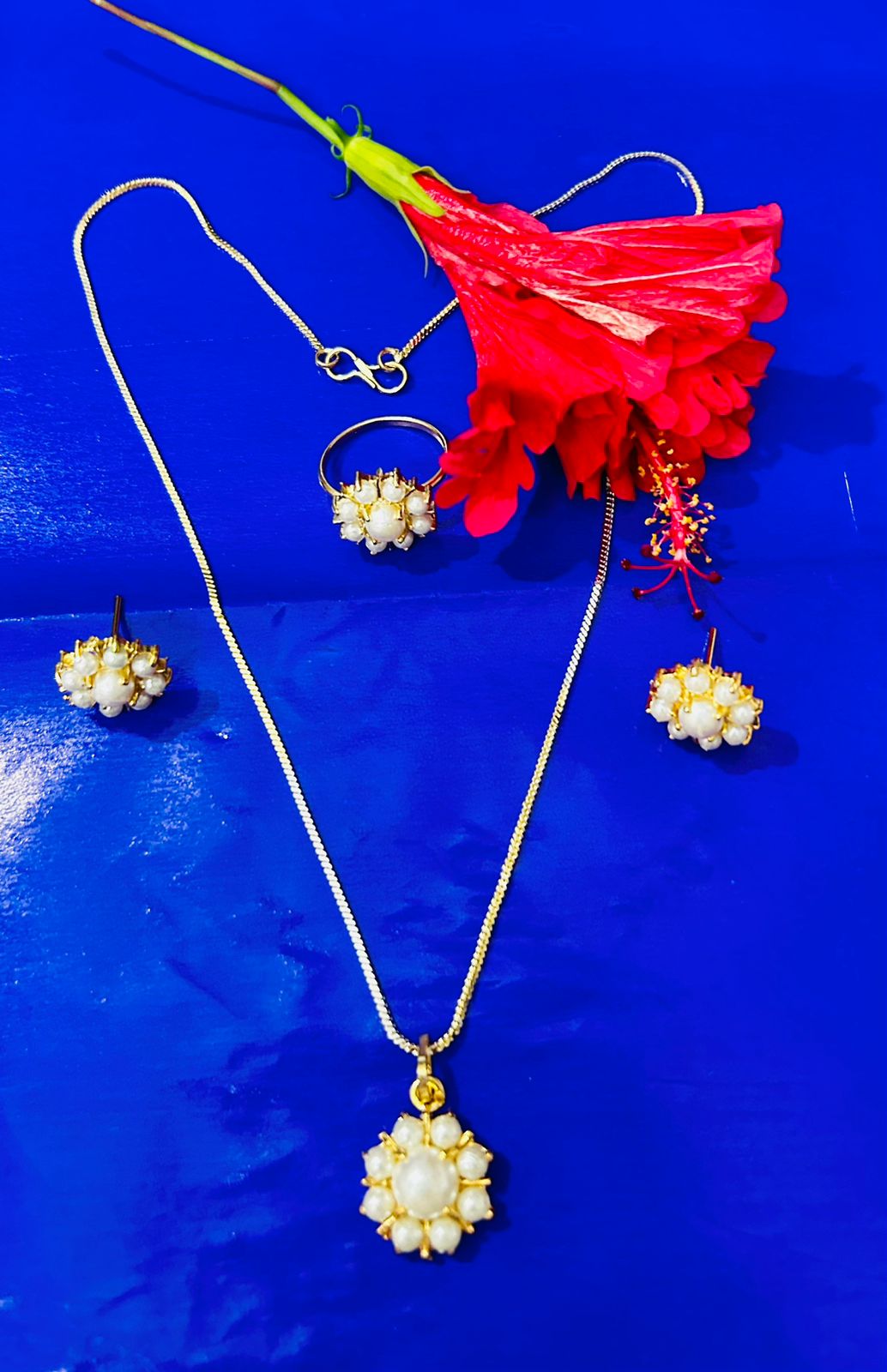 Pearl Necklace Set with Ring & Earrings Combo for Women & Girls – Gold Polished Traditional Jewellery