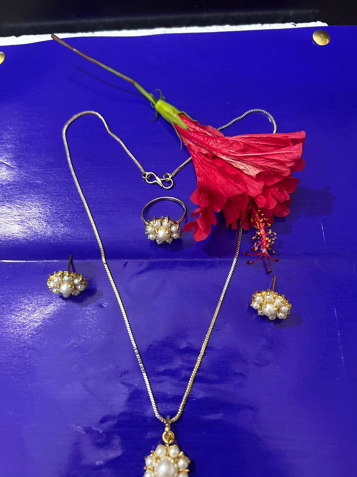 Pearl Necklace Set with Ring & Earrings Combo for Women & Girls – Gold Polished Traditional Jewellery