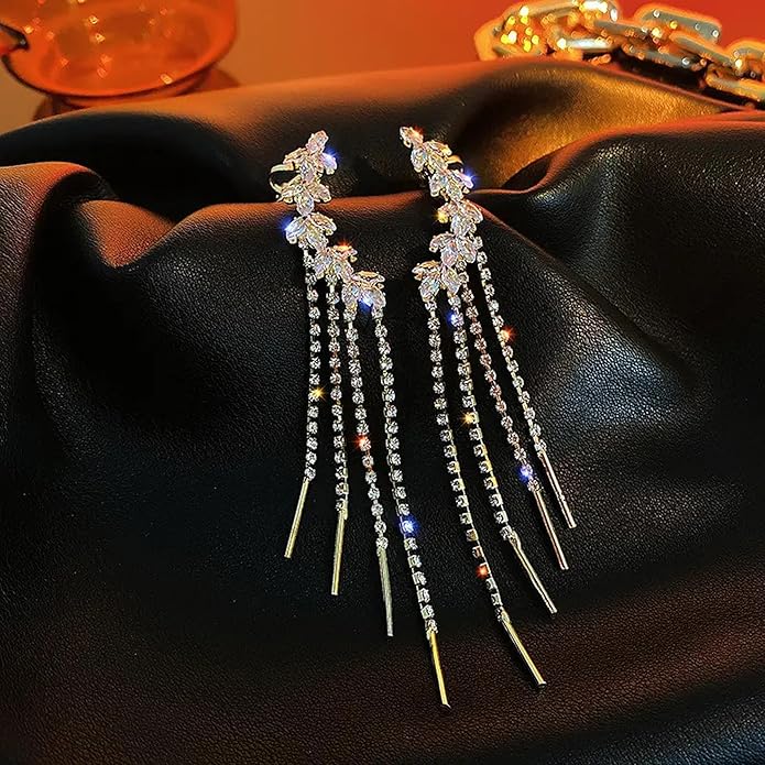 Gold Plated Korean Style Long Tassel Ear Cuff for Women & Girls | Stylish Non-Pierced Drop Earrings for Celebrations, Wedding & Gift Jewellery