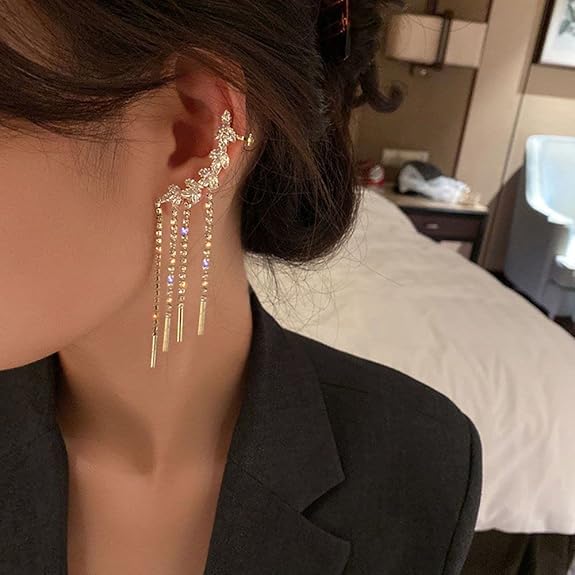 Gold Plated Korean Style Long Tassel Ear Cuff for Women & Girls | Stylish Non-Pierced Drop Earrings for Celebrations, Wedding & Gift Jewellery