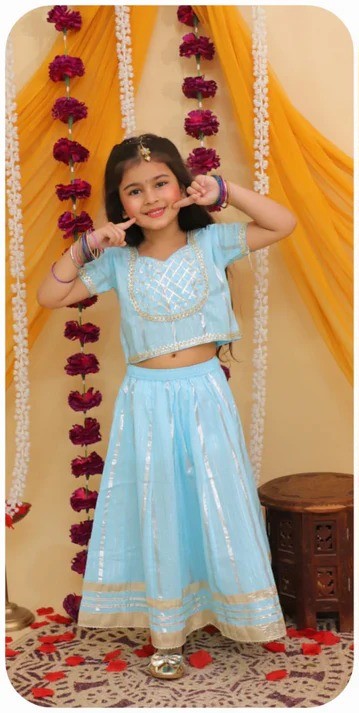 Blue Asmani Cambric Cotton with Gota Patti Lehenga/Ghagra Choli for Girls (1-7 Years)