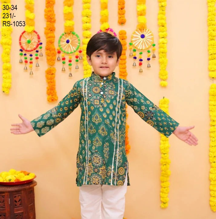 Traditional Indian Outfit with Green & White Color Boys Ethnic Kurta Pajama Set for Any Ocassions, Festivals & Weddings