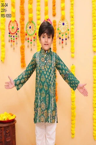 Traditional Indian Outfit with Green & White Color Boys Ethnic Kurta Pajama Set for Any Ocassions, Festivals & Weddings