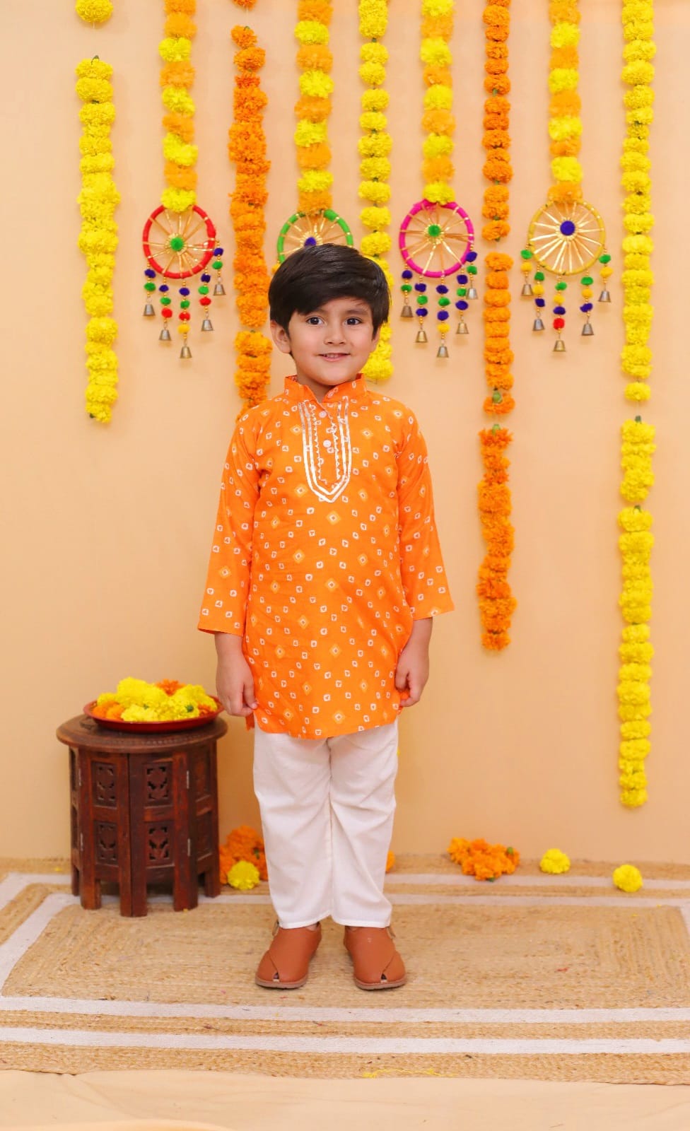 Boys Ethnic Kurta Pajama with Gota Patti, Orange Kurta & White Pajama