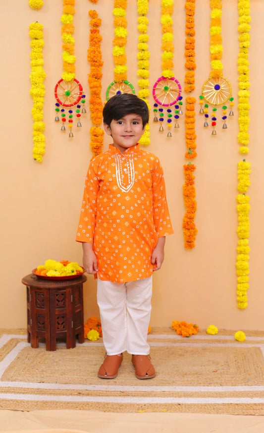 Boys Ethnic Kurta Pajama with Gota Patti, Orange Kurta & White Pajama
