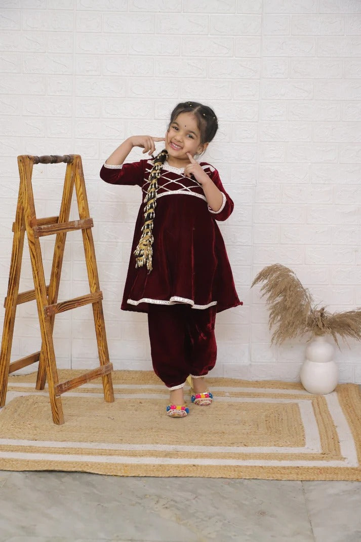 Girls Kurta and Afghani Salwar Set, Maroon Color Velvet V-Neck Kurta with Gota Patti Work