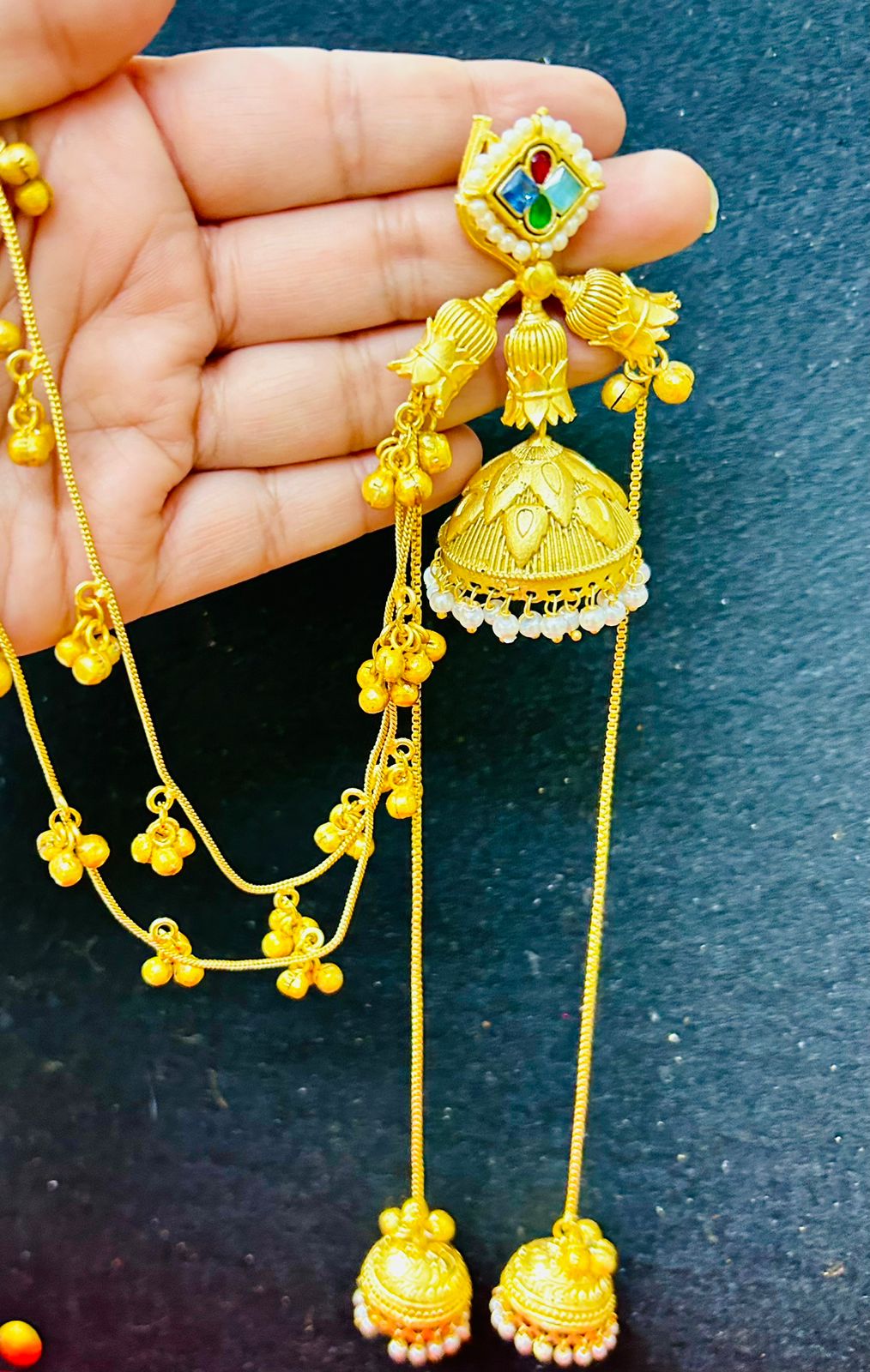 ROSAMODE Traditional Ethnic Indian Kashmiri Jhumka Earrings for Women & Girls, Handmade Golden Pearl & Crystal Stone Jhumki with Kaan Chain