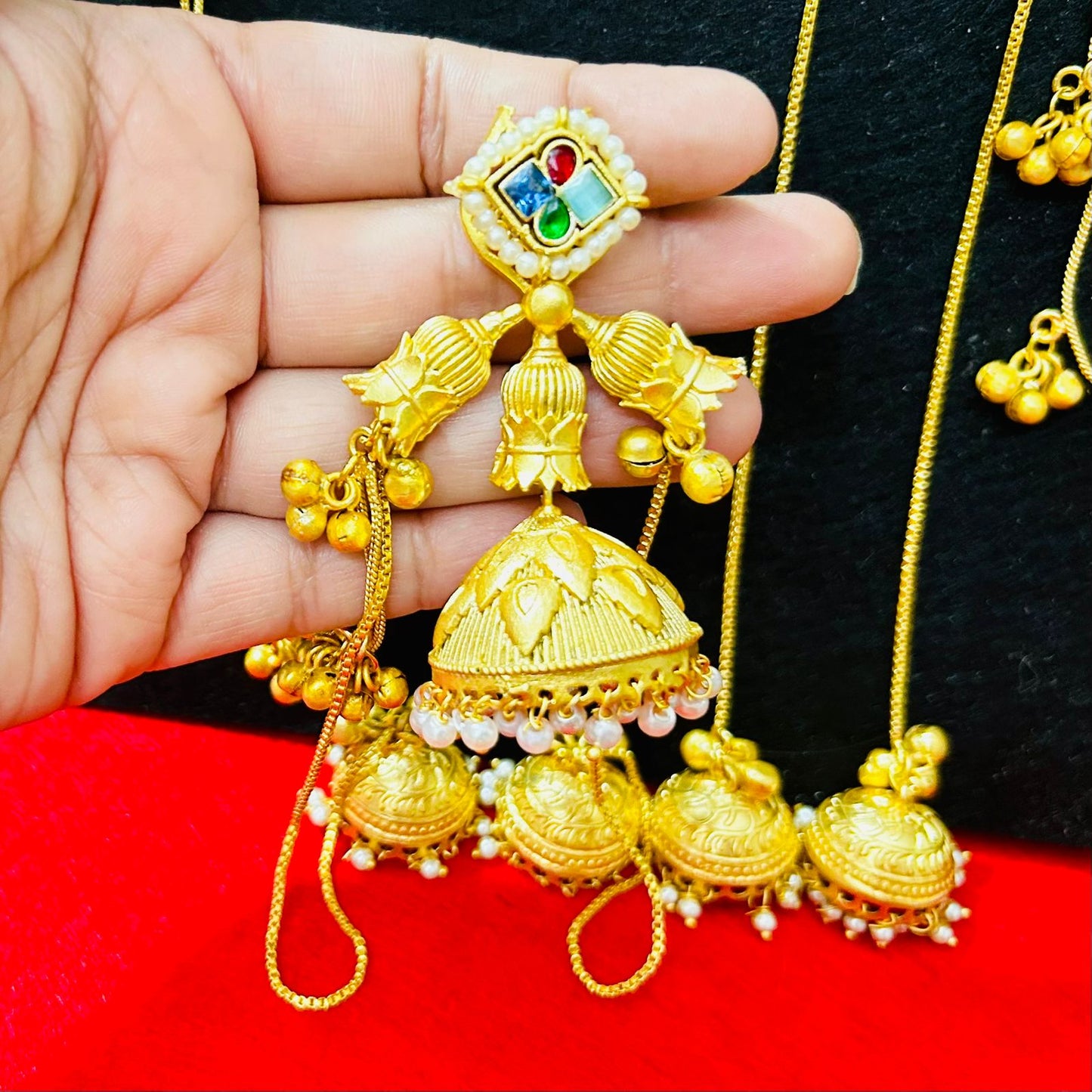 ROSAMODE Traditional Ethnic Indian Kashmiri Jhumka Earrings for Women & Girls, Handmade Golden Pearl & Crystal Stone Jhumki with Kaan Chain