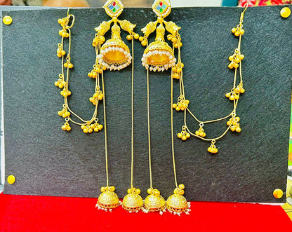 ROSAMODE Traditional Ethnic Indian Kashmiri Jhumka Earrings for Women & Girls, Handmade Golden Pearl & Crystal Stone Jhumki with Kaan Chain
