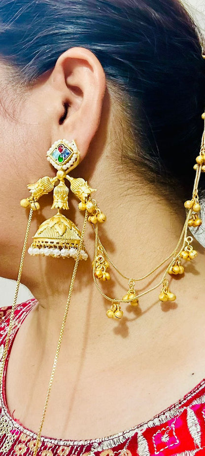 ROSAMODE Traditional Ethnic Indian Kashmiri Jhumka Earrings for Women & Girls, Handmade Golden Pearl & Crystal Stone Jhumki with Kaan Chain