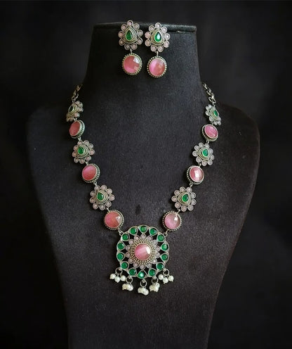 ROSAMODE American Diamond Ethnic Necklace & Earring Set for Women & Girls | Pink & Green Stones