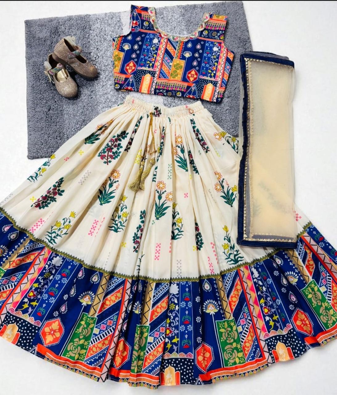 ROSAMODE Kids Girls Fully Stitched Lehenga Choli Set with Dupatta – Block Print Kora Muslin Ethnic Wear for Wedding, Party & Festival (4 -Years)