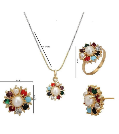 Gold Plated American Diamond Jewelry Set for Women & Girls – 9 Rattan Pendant with Earrings & Ring – Stylish Wear