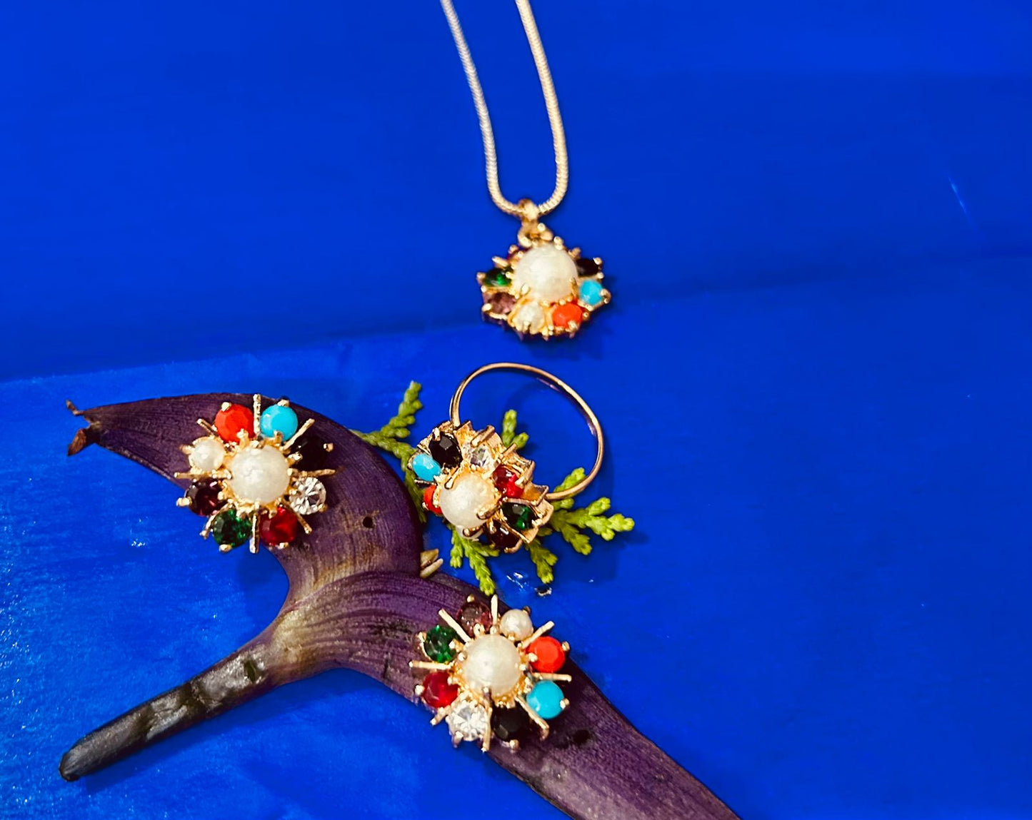 Gold Plated American Diamond Jewelry Set for Women & Girls – 9 Rattan Pendant with Earrings & Ring – Stylish Wear