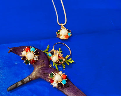 Gold Plated American Diamond Jewelry Set for Women & Girls – 9 Rattan Pendant with Earrings & Ring – Stylish Wear