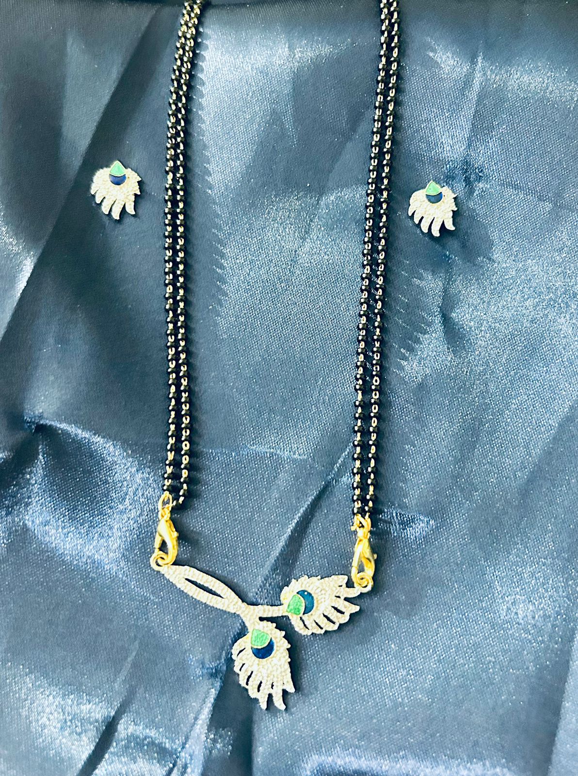 American Diamond Gold Polished Morpankh Mangalsutra Pendant Set with Chain & Earrings for Women | Traditional Jewellery for Wedding