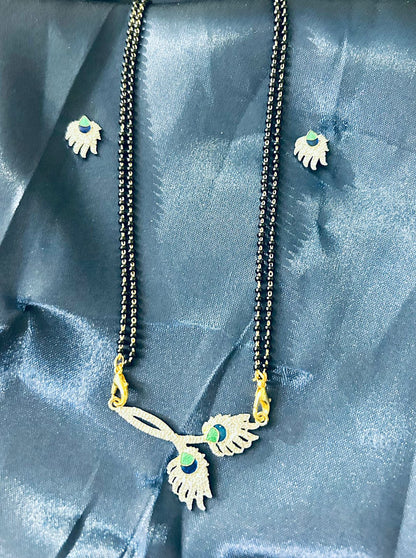 American Diamond Gold Polished Morpankh Mangalsutra Pendant Set with Chain & Earrings for Women | Traditional Jewellery for Wedding