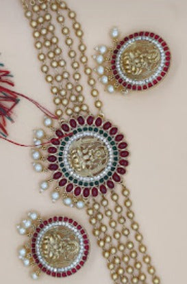 Gold Polished Pearl Choker Necklace with Maa Lakshmi Pendant for Women.