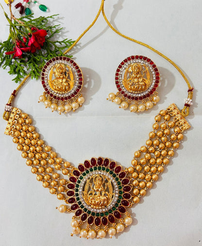 Gold Polished Pearl Choker Necklace with Maa Lakshmi Pendant for Women.
