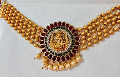 Gold Polished Pearl Choker Necklace with Maa Lakshmi Pendant for Women.