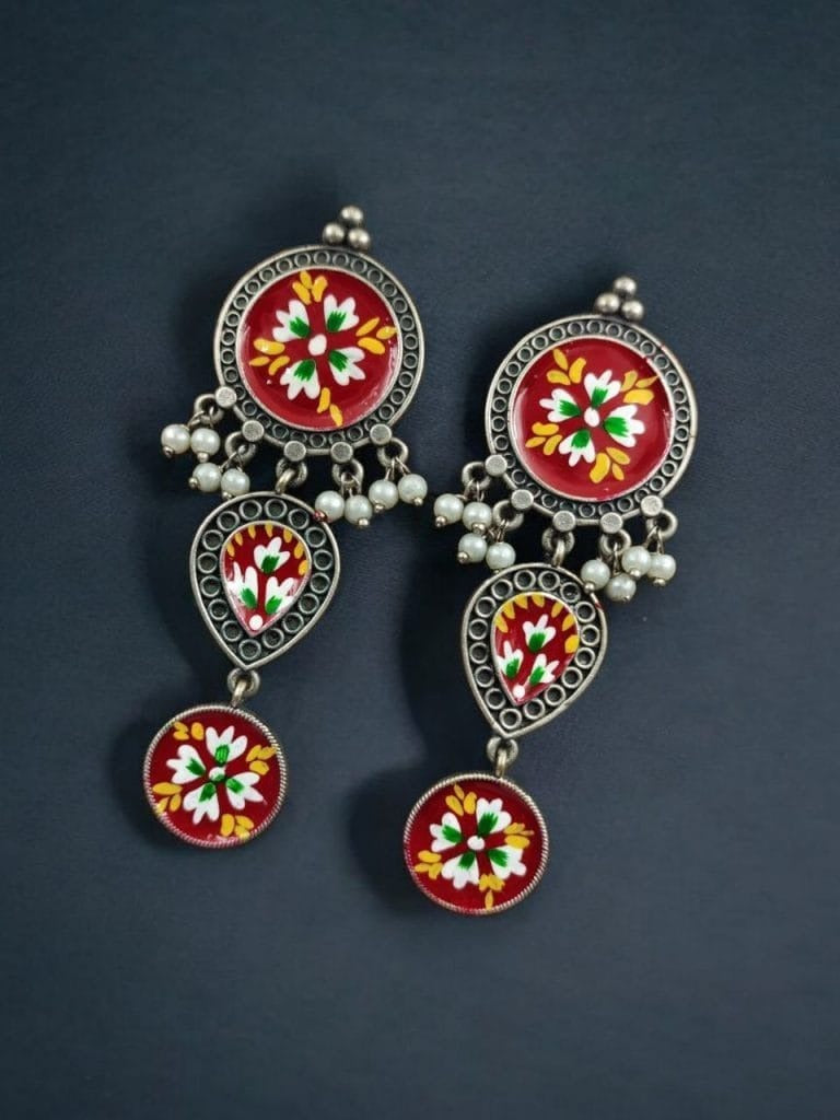 Traditional Indian Art Painting Oxidized Dangle Hand-Painted Long Earrings for Women