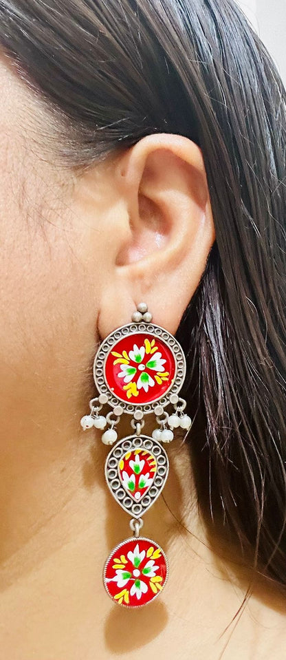 Traditional Indian Art Painting Oxidized Dangle Hand-Painted Long Earrings for Women