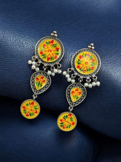 Traditional Indian Art Painting Oxidized Dangle Hand-Painted Long Earrings for Women