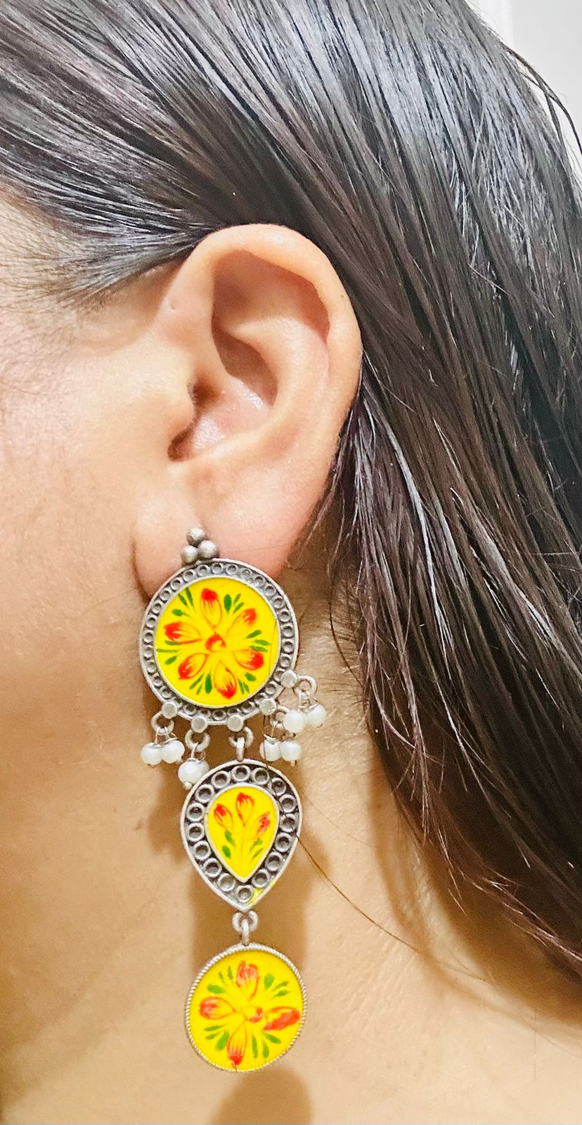 Traditional Indian Art Painting Oxidized Dangle Hand-Painted Long Earrings for Women