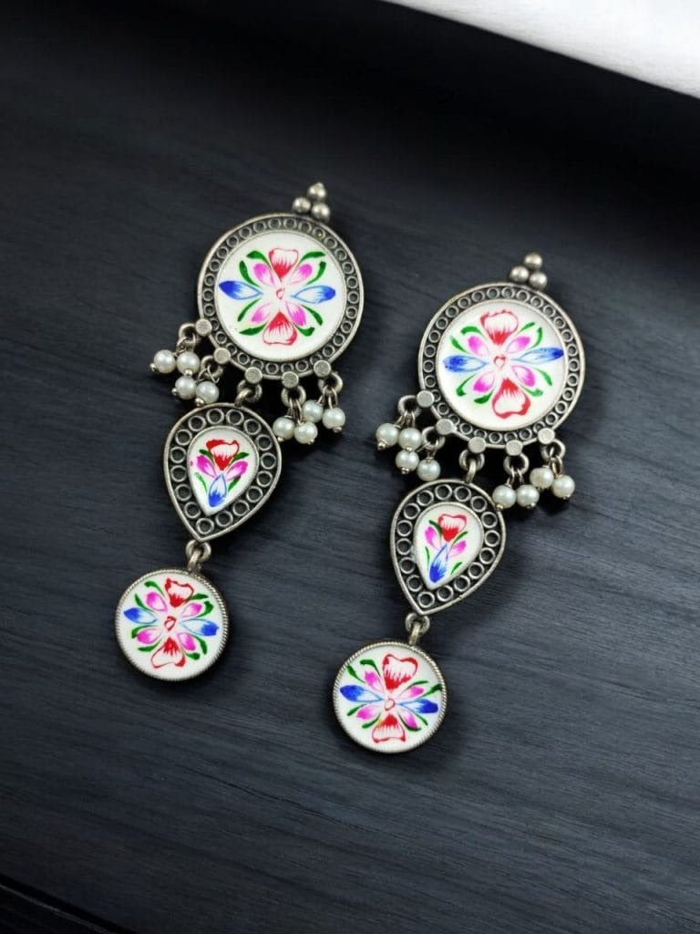 Traditional Indian Art Painting Oxidized Dangle Hand-Painted Long Earrings for Women
