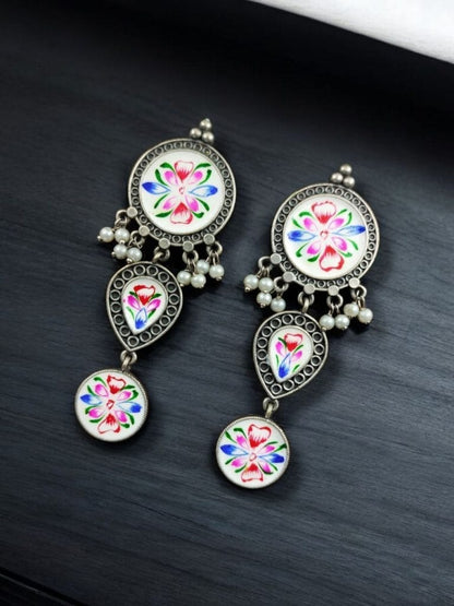 Traditional Indian Art Painting Oxidized Dangle Hand-Painted Long Earrings for Women