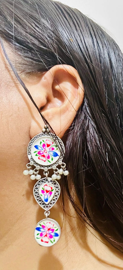 Traditional Indian Art Painting Oxidized Dangle Hand-Painted Long Earrings for Women